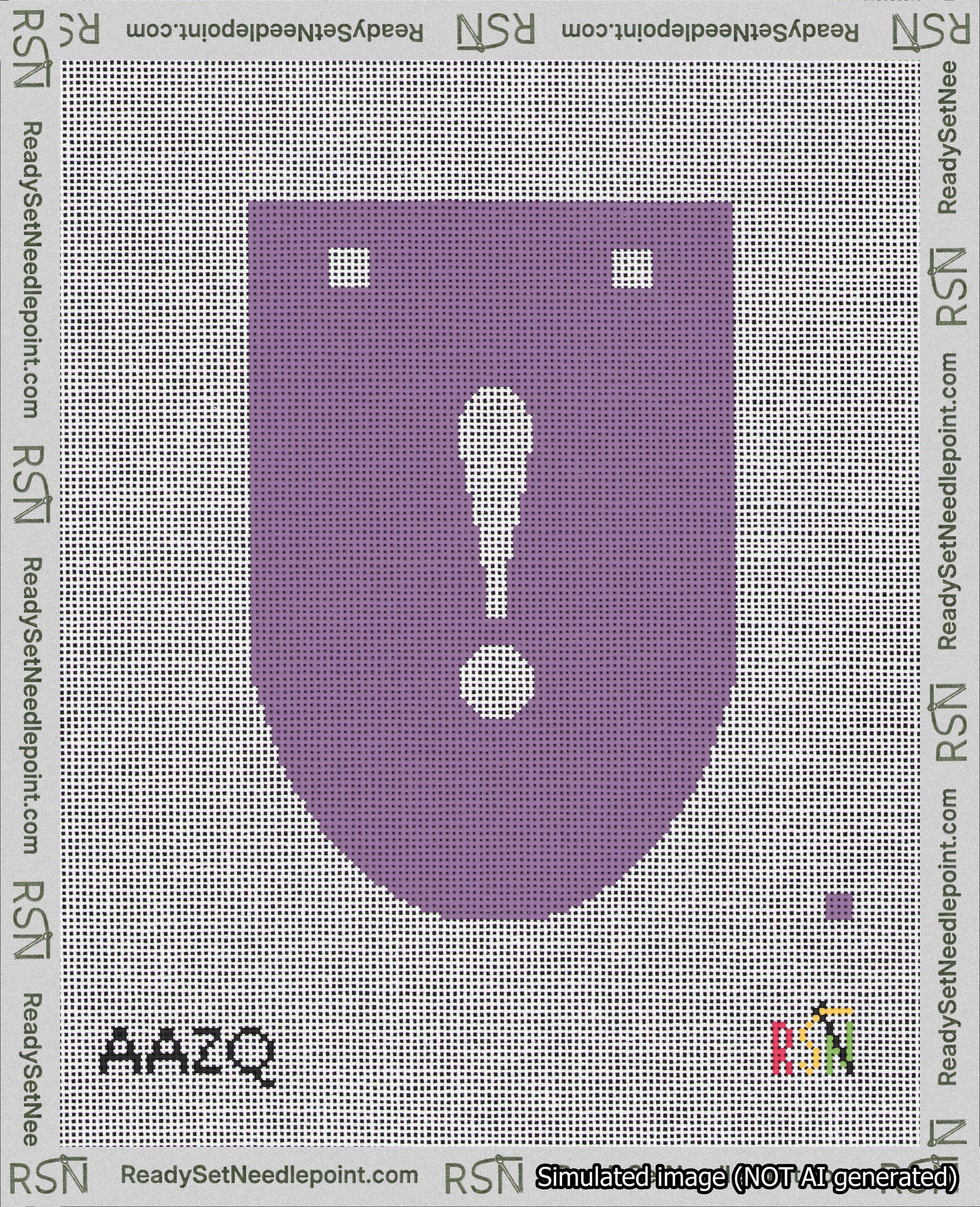 A taped needlepoint canvas with the design: Banner 18 mesh count Rounded Exclamation White on Purple.