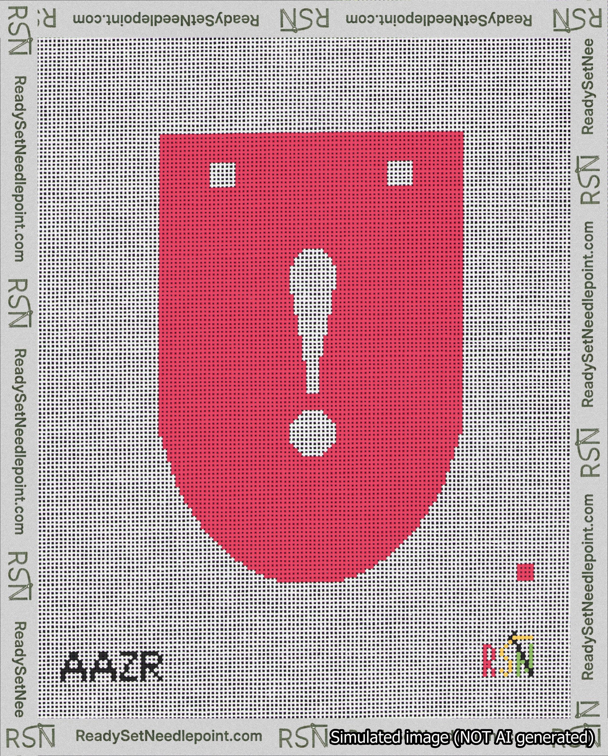 A taped needlepoint canvas with the design: Banner 18 mesh count Rounded Exclamation White on Red.