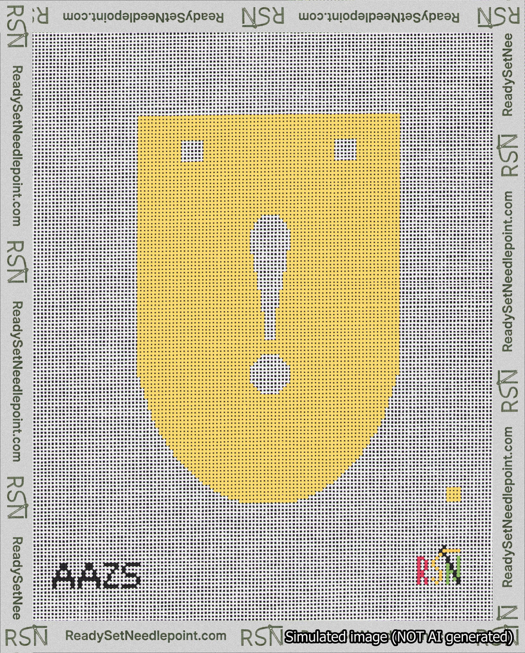 A taped needlepoint canvas with the design: Banner 18 mesh count Rounded Exclamation White on Yellow.