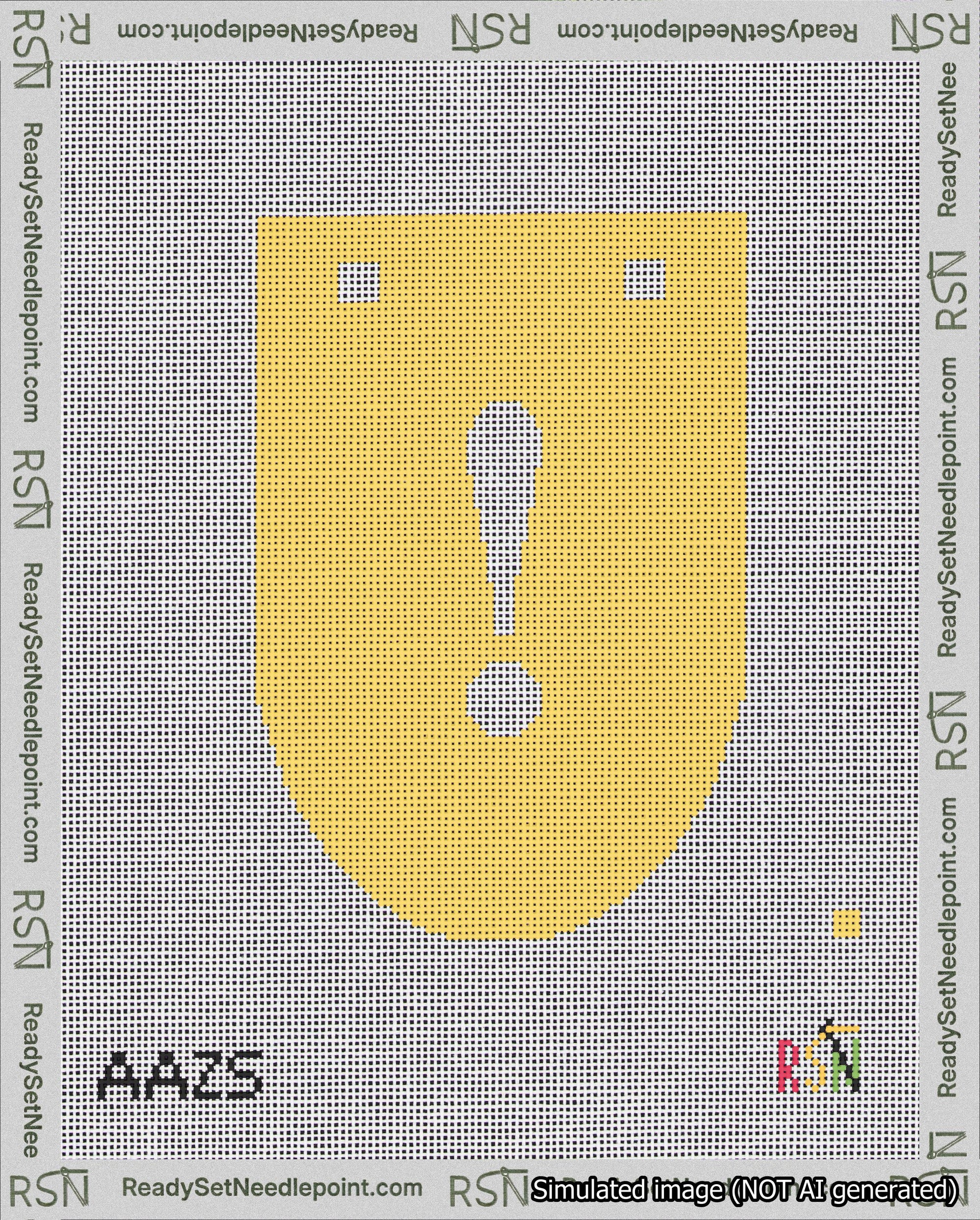 A taped needlepoint canvas with the design: Banner 18 mesh count Rounded Exclamation White on Yellow.