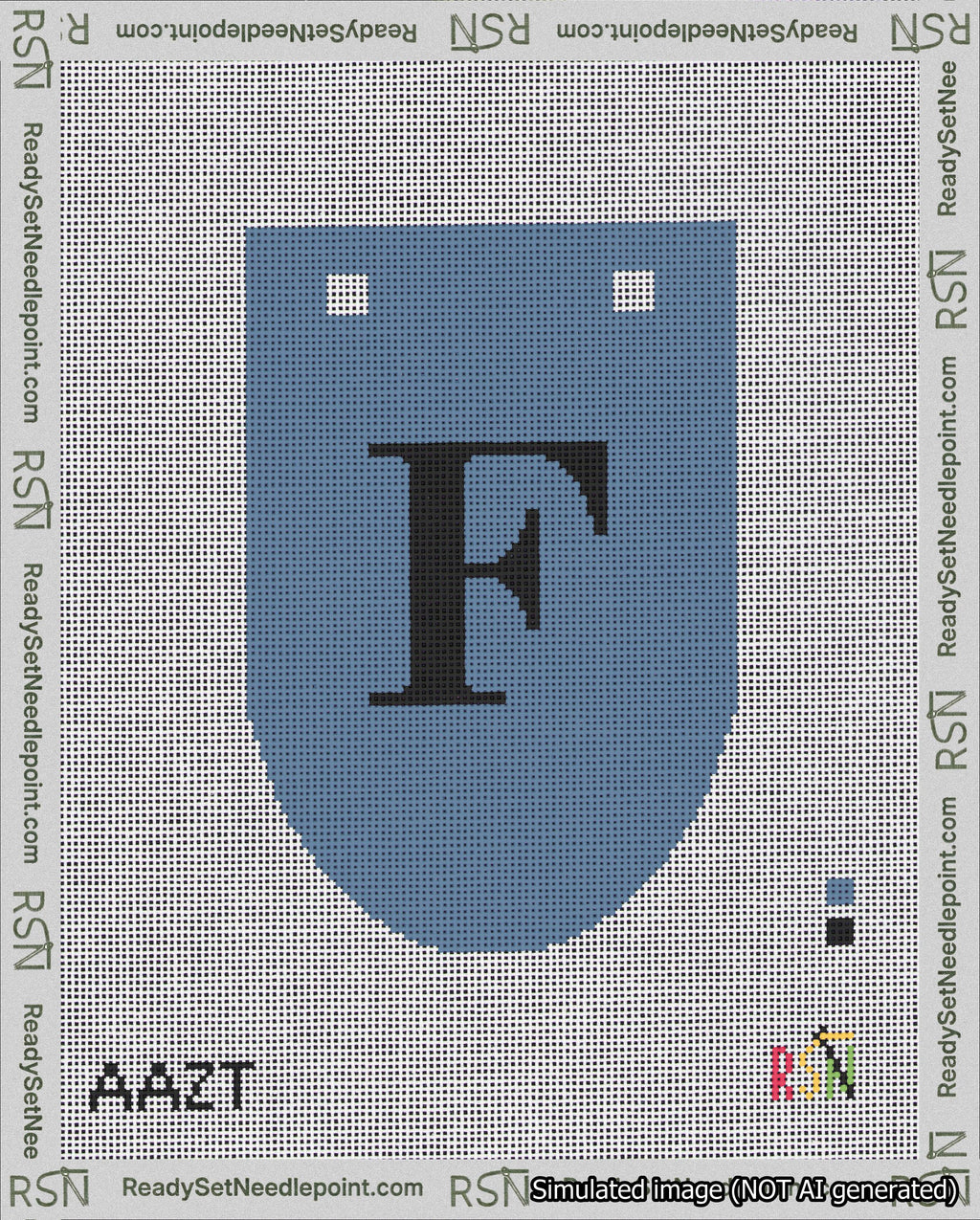 A taped needlepoint canvas with the design: Banner 18 mesh count Rounded F Black on Blue.