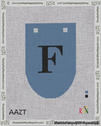 A taped needlepoint canvas with the design: Banner 18 mesh count Rounded F Black on Blue.