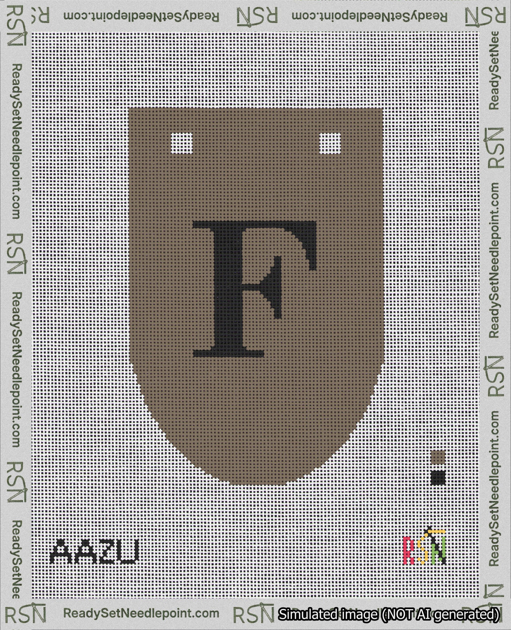 A taped needlepoint canvas with the design: Banner 18 mesh count Rounded F Black on Brown.