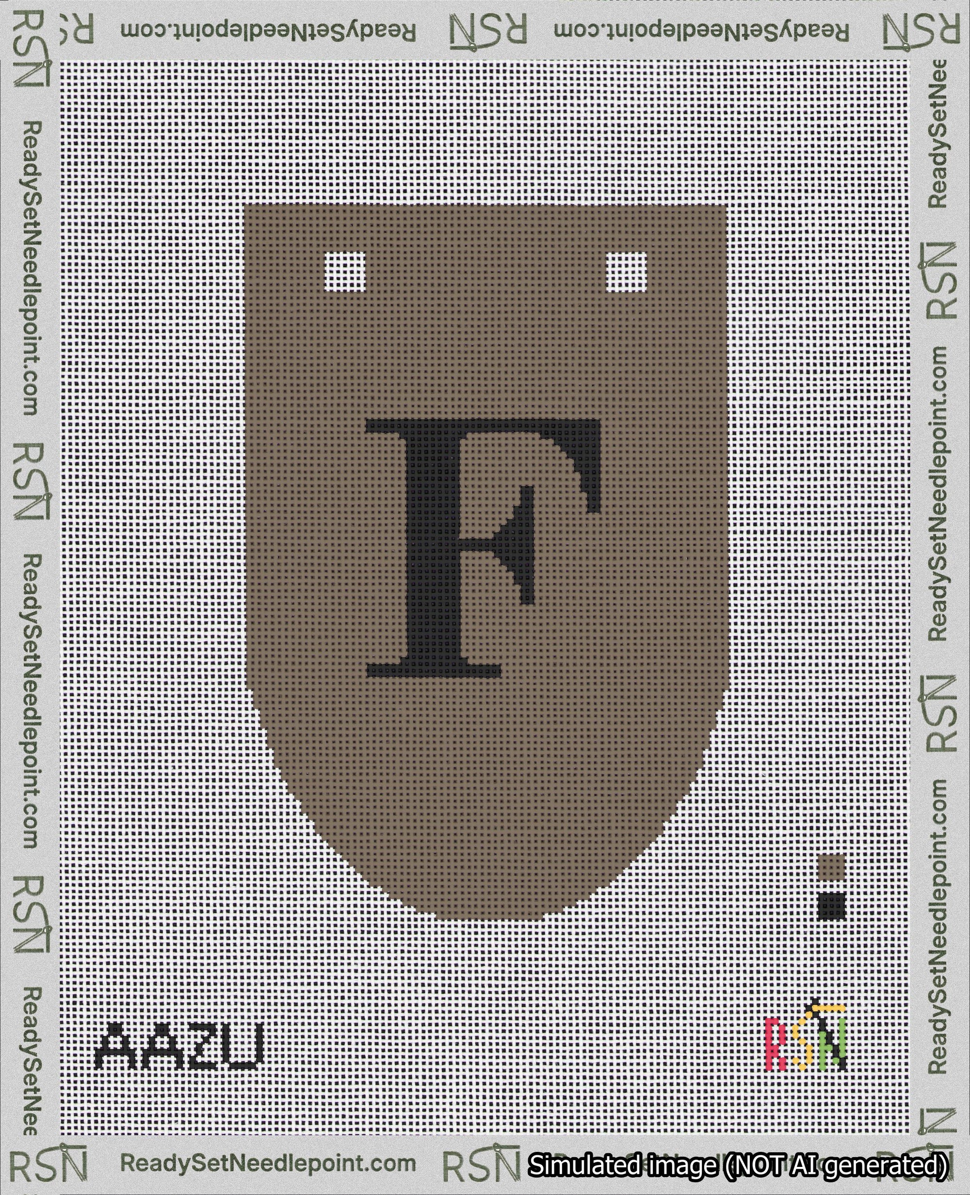 A taped needlepoint canvas with the design: Banner 18 mesh count Rounded F Black on Brown.