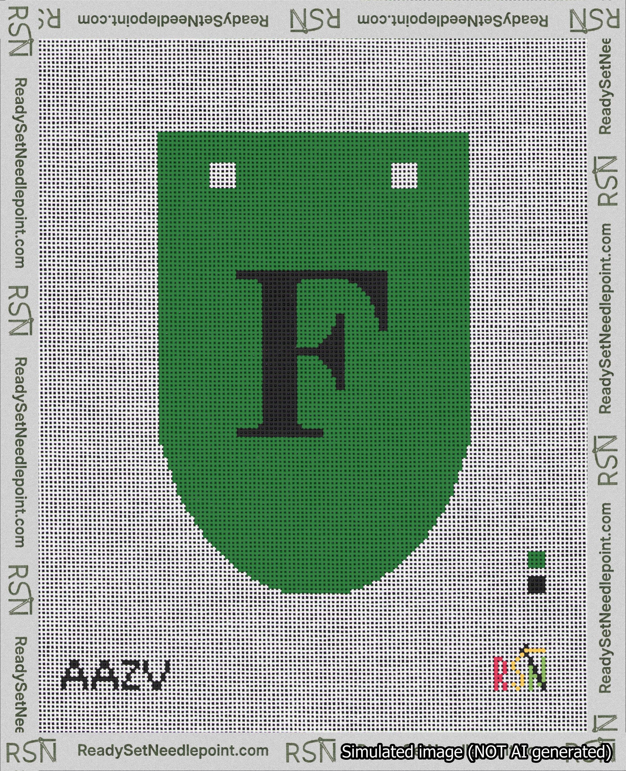 A taped needlepoint canvas with the design: Banner 18 mesh count Rounded F Black on Green.