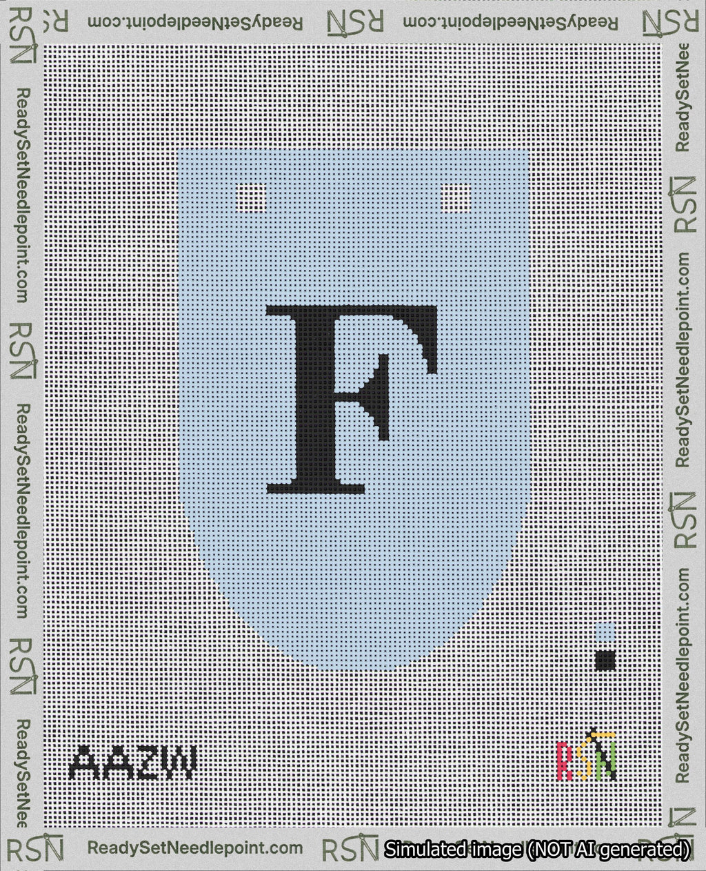 A taped needlepoint canvas with the design: Banner 18 mesh count Rounded F Black on Light Blue.