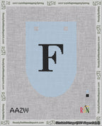A taped needlepoint canvas with the design: Banner 18 mesh count Rounded F Black on Light Blue.