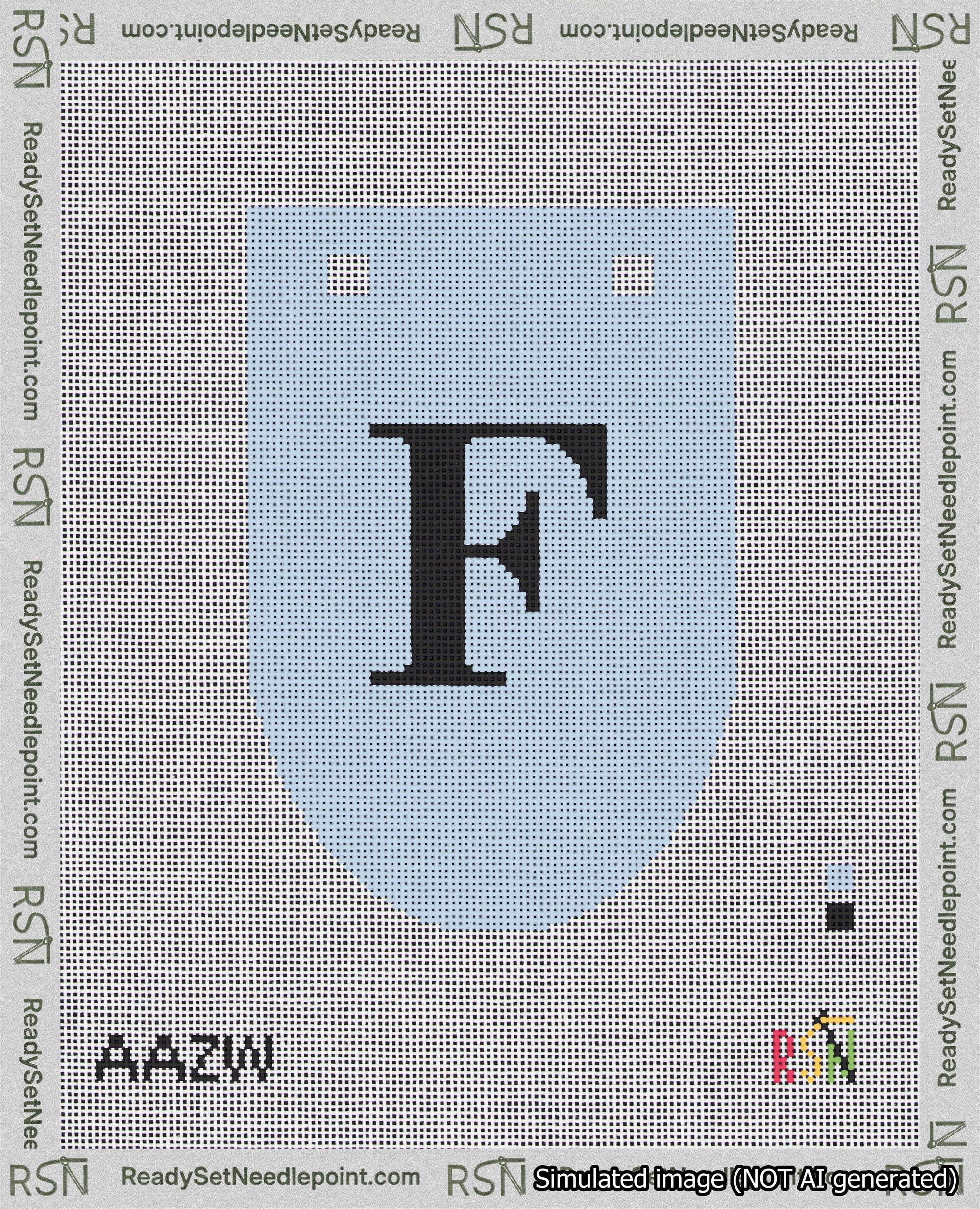A taped needlepoint canvas with the design: Banner 18 mesh count Rounded F Black on Light Blue.