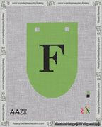 A taped needlepoint canvas with the design: Banner 18 mesh count Rounded F Black on Light Green.