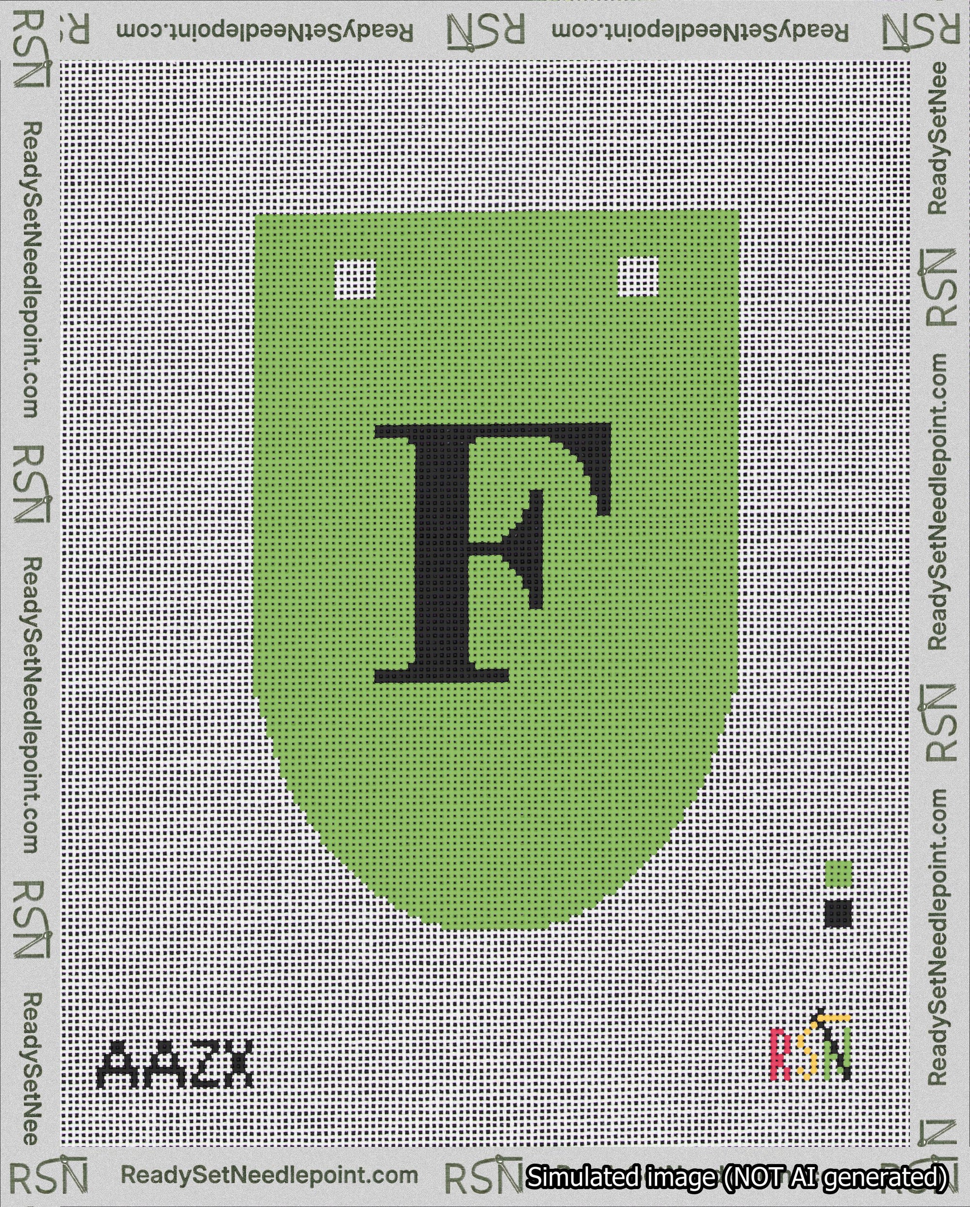 A taped needlepoint canvas with the design: Banner 18 mesh count Rounded F Black on Light Green.
