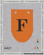 A taped needlepoint canvas with the design: Banner 18 mesh count Rounded F Black on Orange.