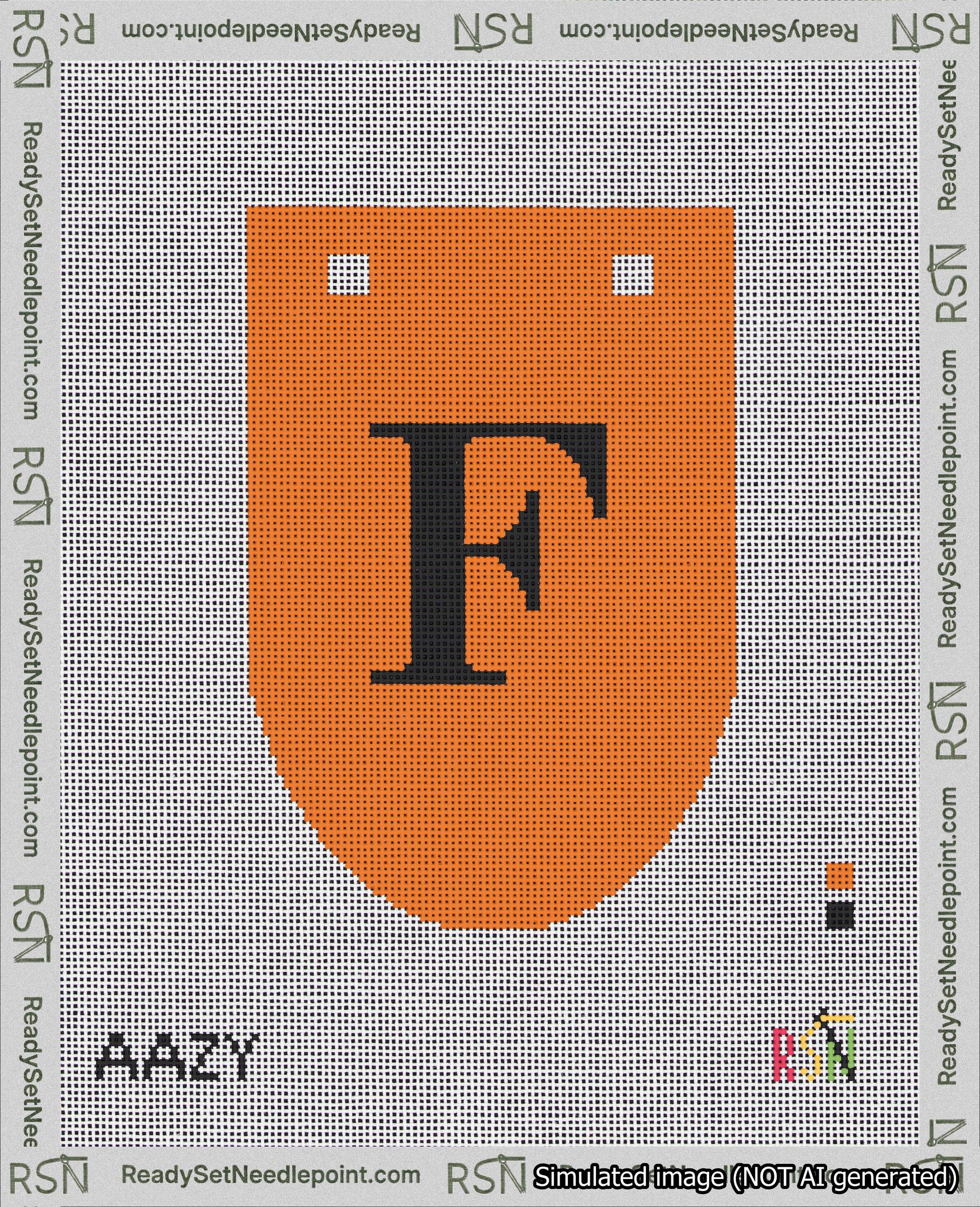 A taped needlepoint canvas with the design: Banner 18 mesh count Rounded F Black on Orange.