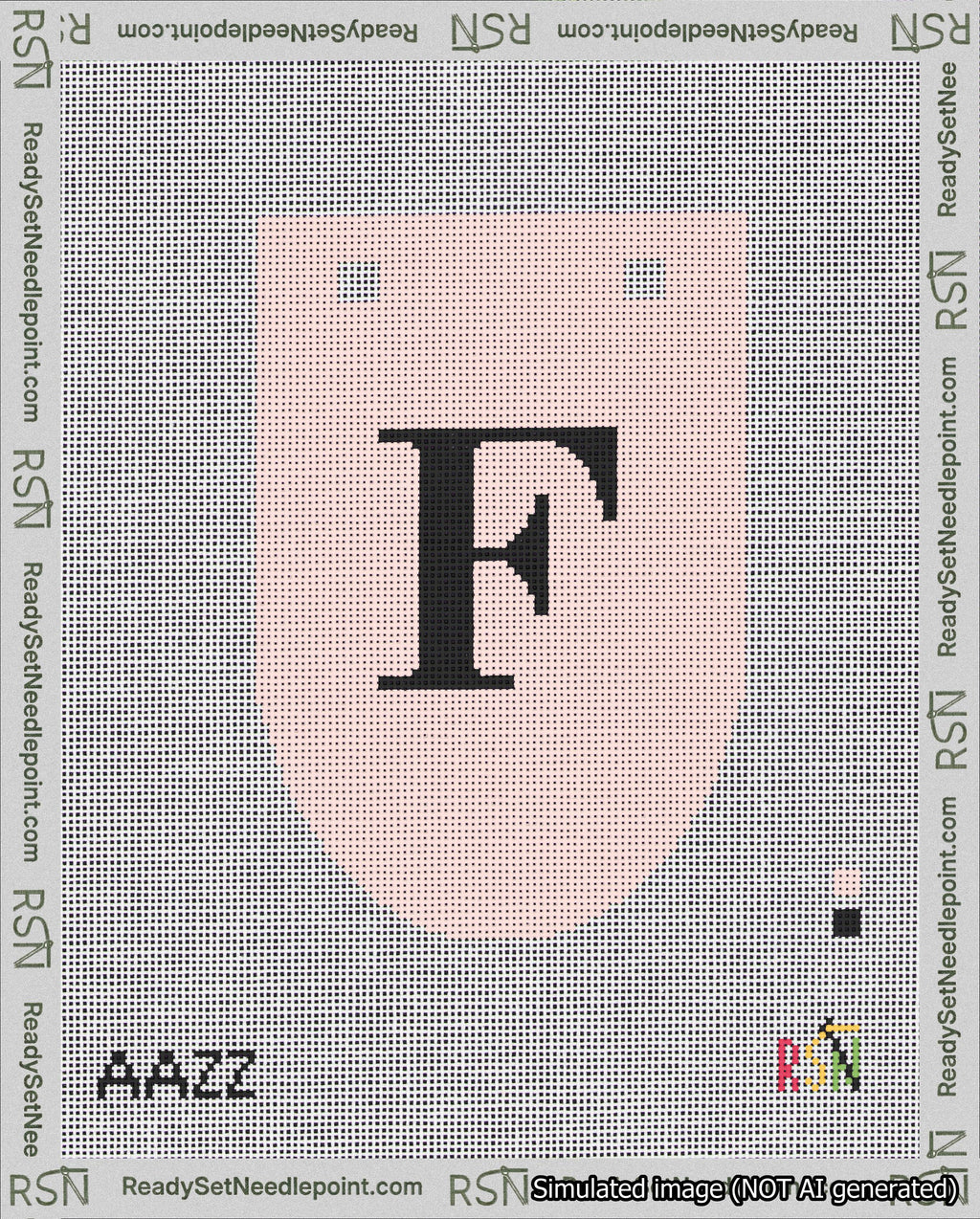 A taped needlepoint canvas with the design: Banner 18 mesh count Rounded F Black on Pink.