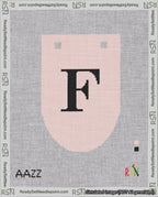 A taped needlepoint canvas with the design: Banner 18 mesh count Rounded F Black on Pink.