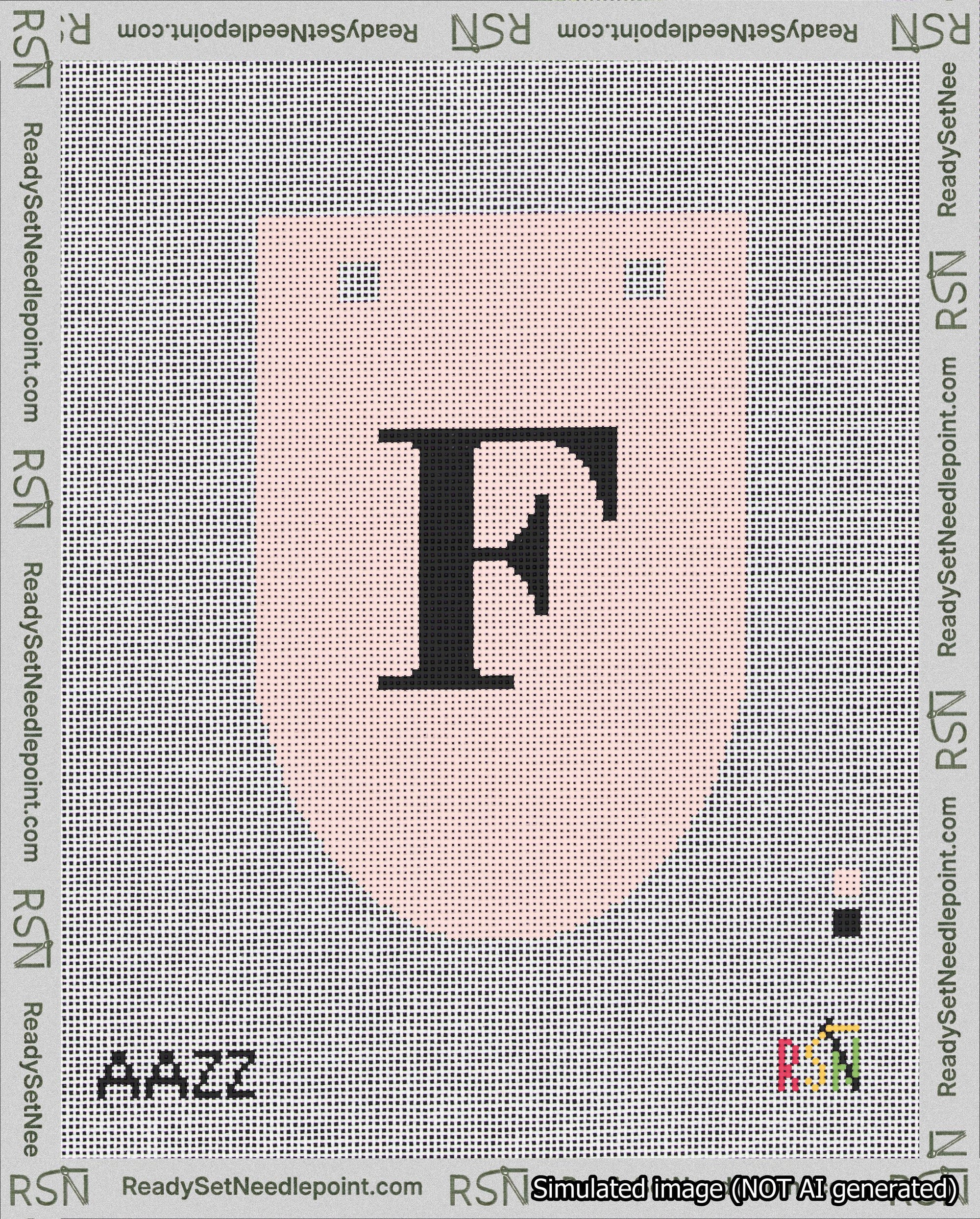 A taped needlepoint canvas with the design: Banner 18 mesh count Rounded F Black on Pink.