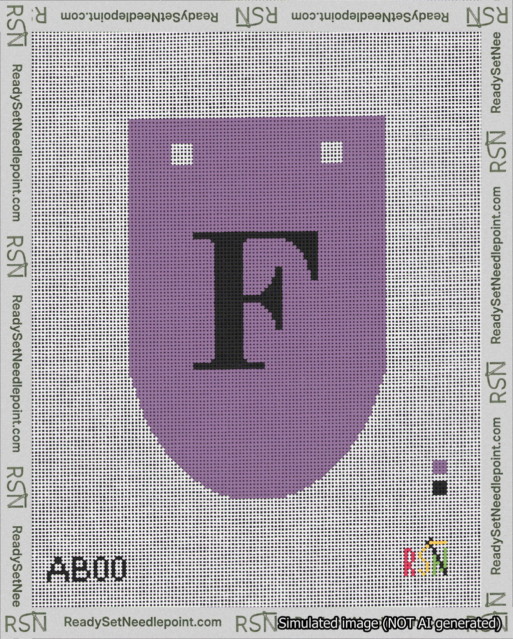 A taped needlepoint canvas with the design: Banner 18 mesh count Rounded F Black on Purple.