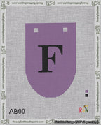 A taped needlepoint canvas with the design: Banner 18 mesh count Rounded F Black on Purple.