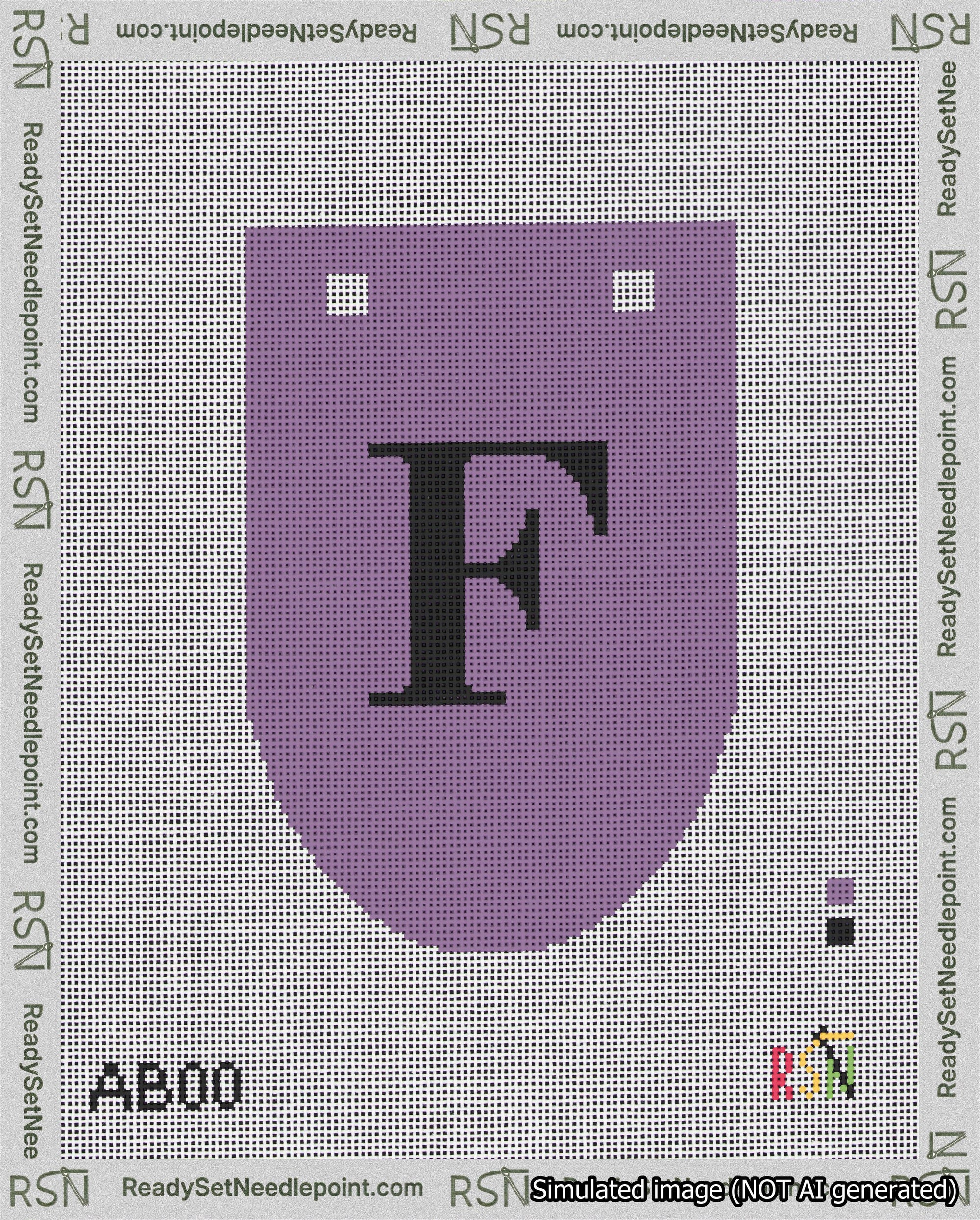 A taped needlepoint canvas with the design: Banner 18 mesh count Rounded F Black on Purple.