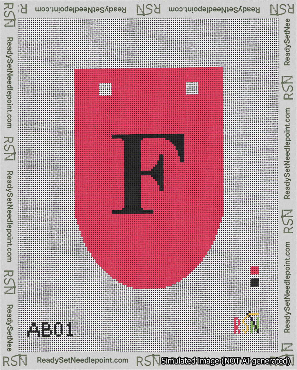 A taped needlepoint canvas with the design: Banner 18 mesh count Rounded F Black on Red.