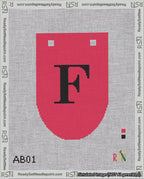 A taped needlepoint canvas with the design: Banner 18 mesh count Rounded F Black on Red.