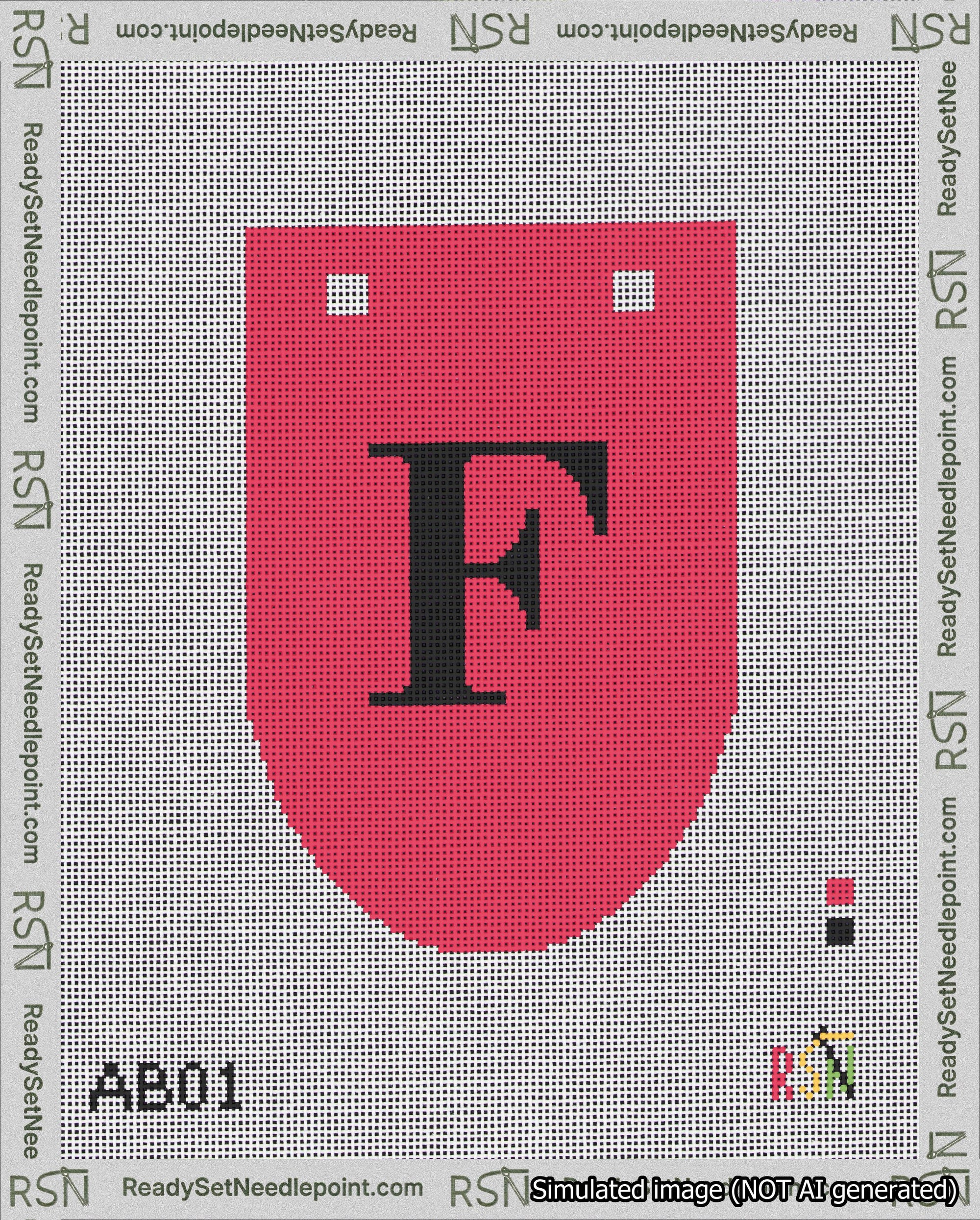 A taped needlepoint canvas with the design: Banner 18 mesh count Rounded F Black on Red.