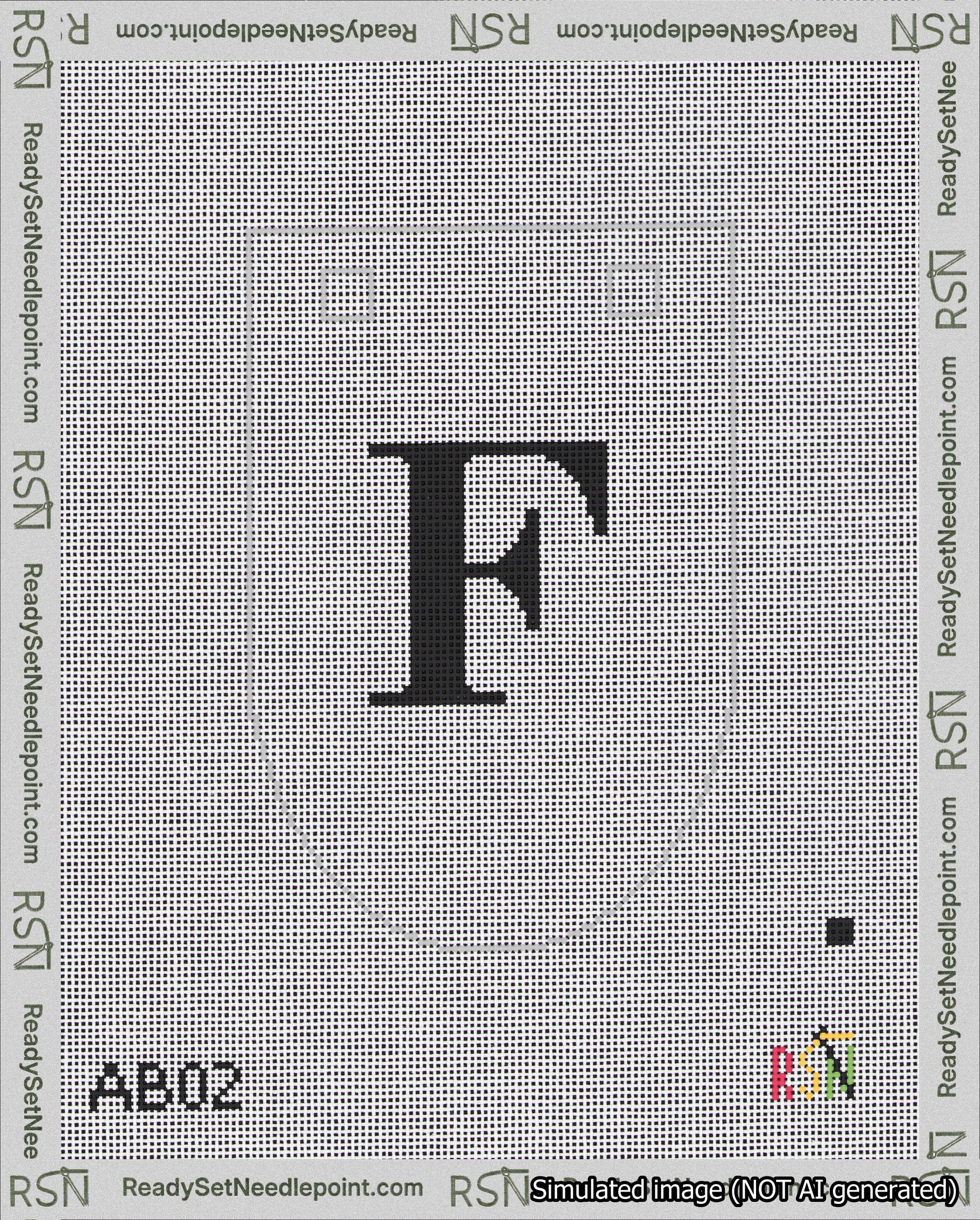 A taped needlepoint canvas with the design: Banner 18 mesh count Rounded F Black on White.