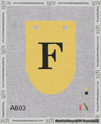 A taped needlepoint canvas with the design: Banner 18 mesh count Rounded F Black on Yellow.