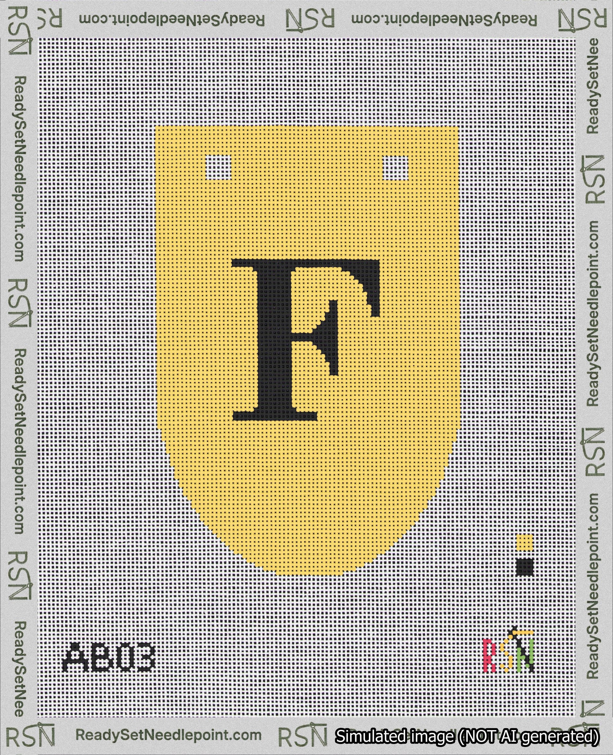 A taped needlepoint canvas with the design: Banner 18 mesh count Rounded F Black on Yellow.