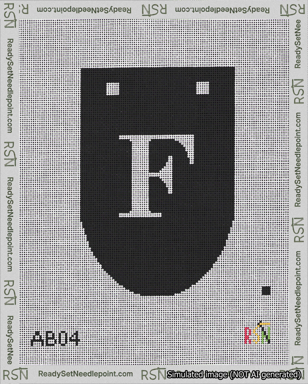 A taped needlepoint canvas with the design: Banner 18 mesh count Rounded F White on Black.
