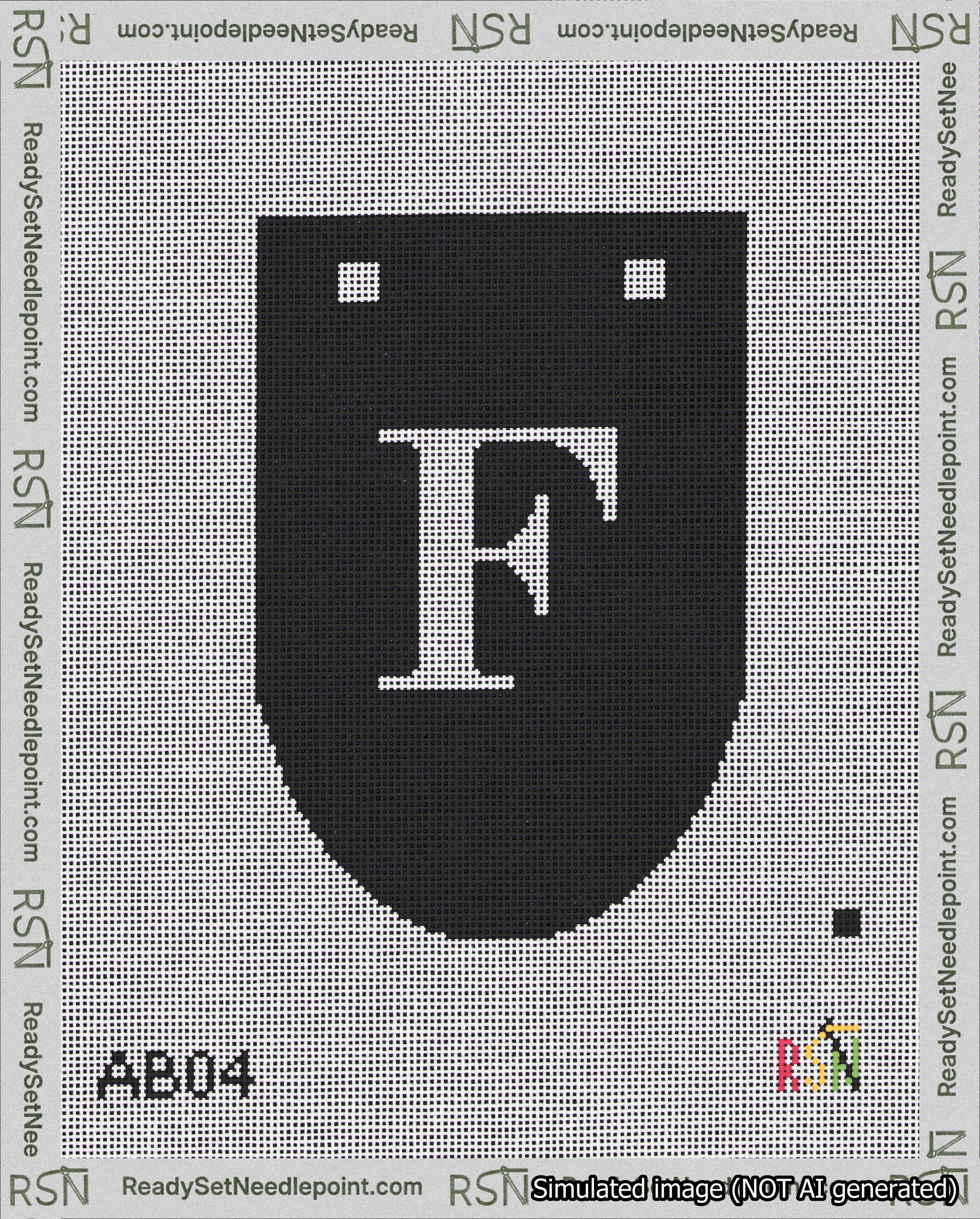 A taped needlepoint canvas with the design: Banner 18 mesh count Rounded F White on Black.