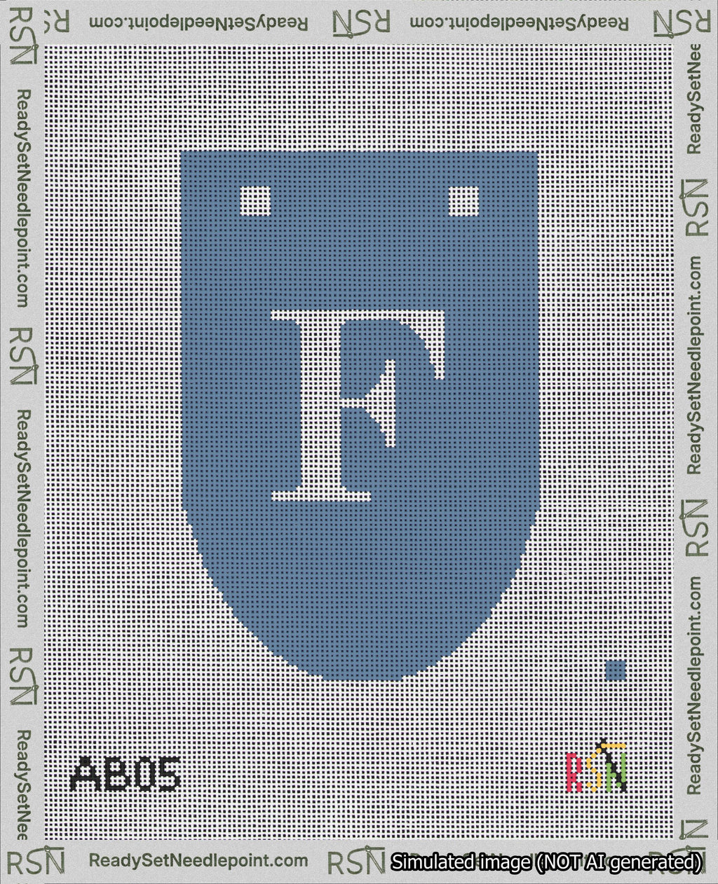 A taped needlepoint canvas with the design: Banner 18 mesh count Rounded F White on Blue.