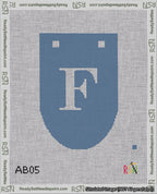 A taped needlepoint canvas with the design: Banner 18 mesh count Rounded F White on Blue.