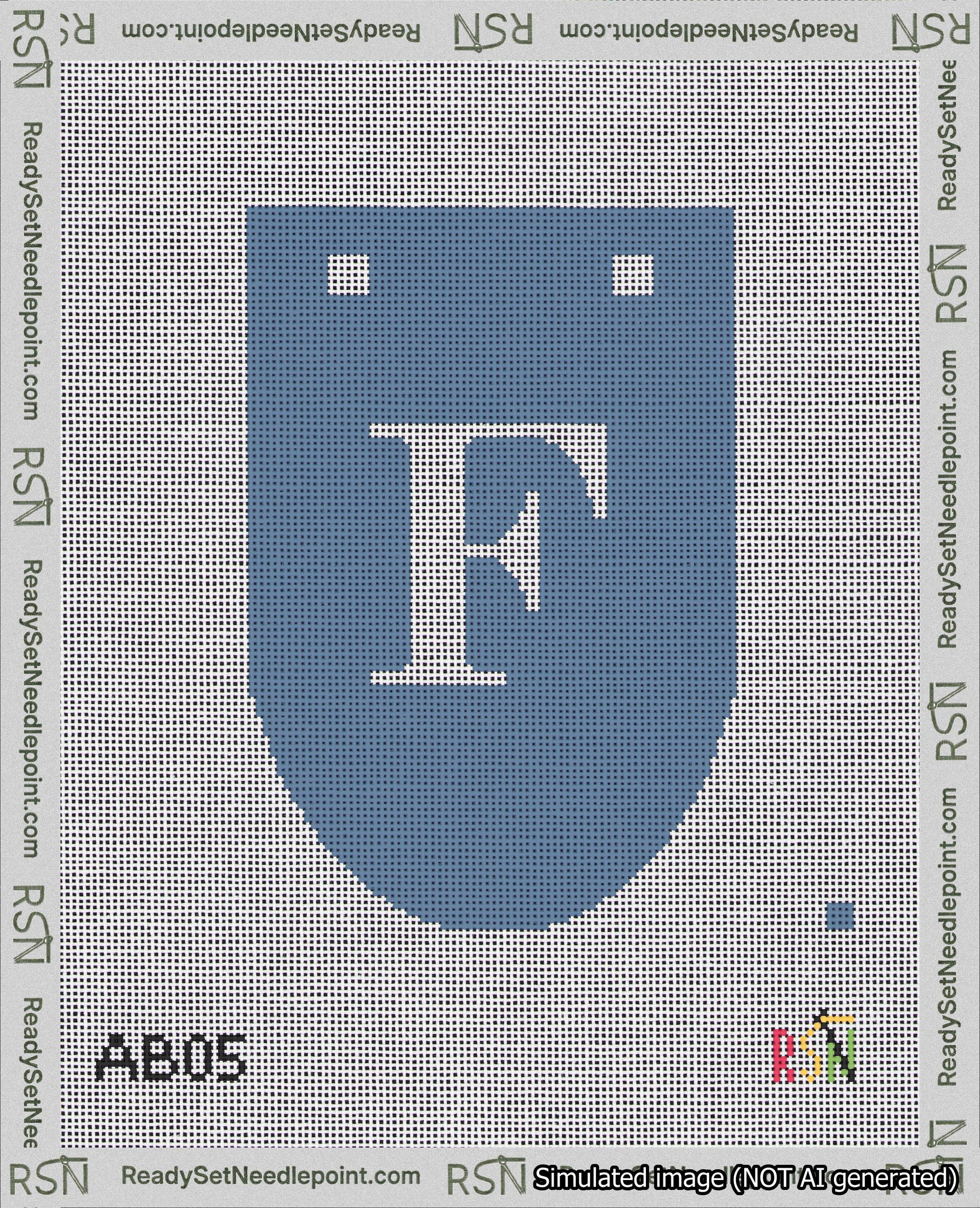 A taped needlepoint canvas with the design: Banner 18 mesh count Rounded F White on Blue.