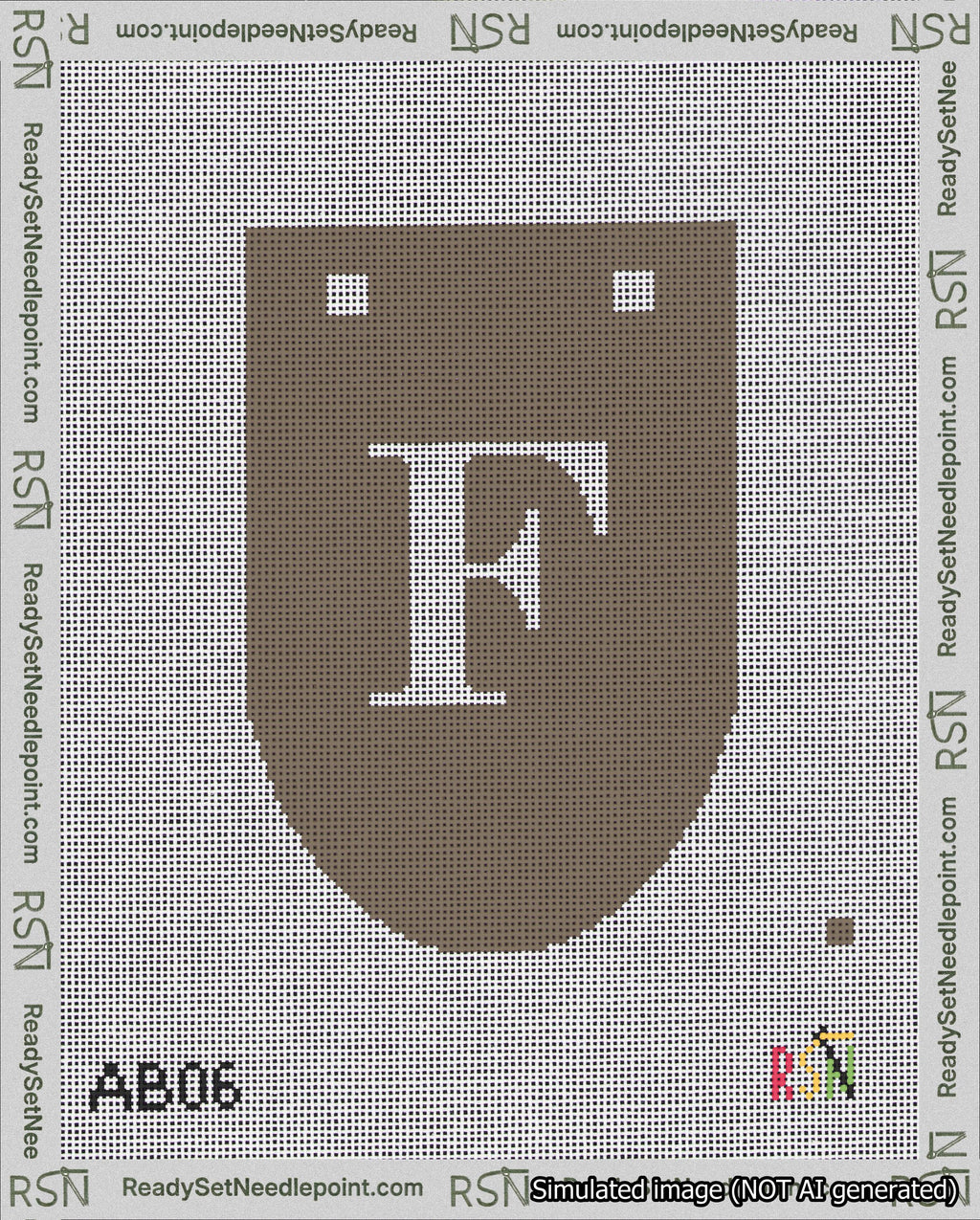 A taped needlepoint canvas with the design: Banner 18 mesh count Rounded F White on Brown.