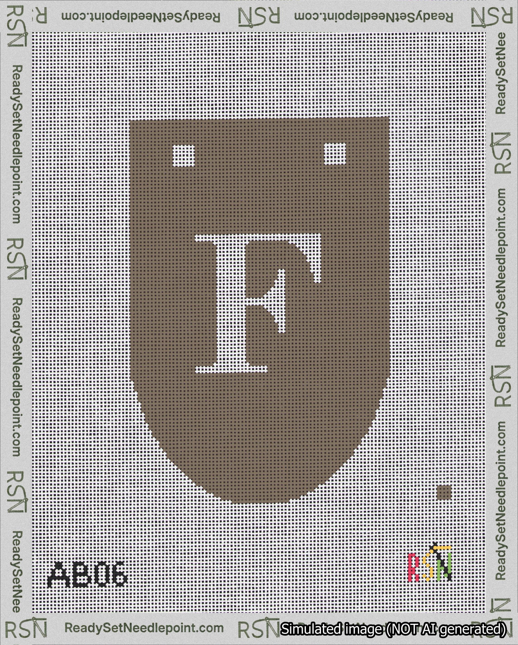 A taped needlepoint canvas with the design: Banner 18 mesh count Rounded F White on Brown.