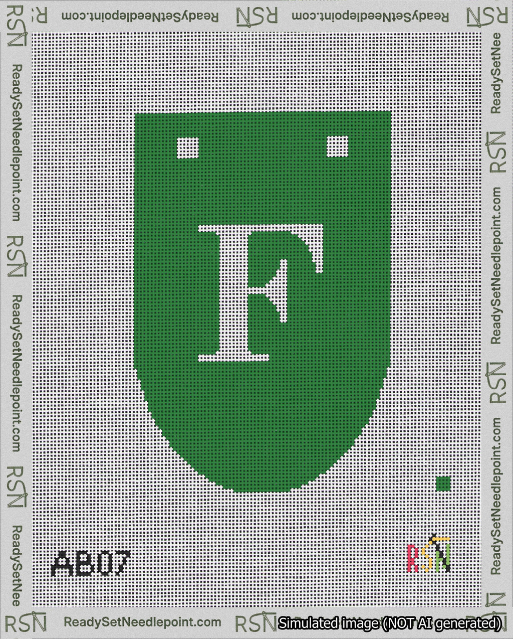 A taped needlepoint canvas with the design: Banner 18 mesh count Rounded F White on Green.