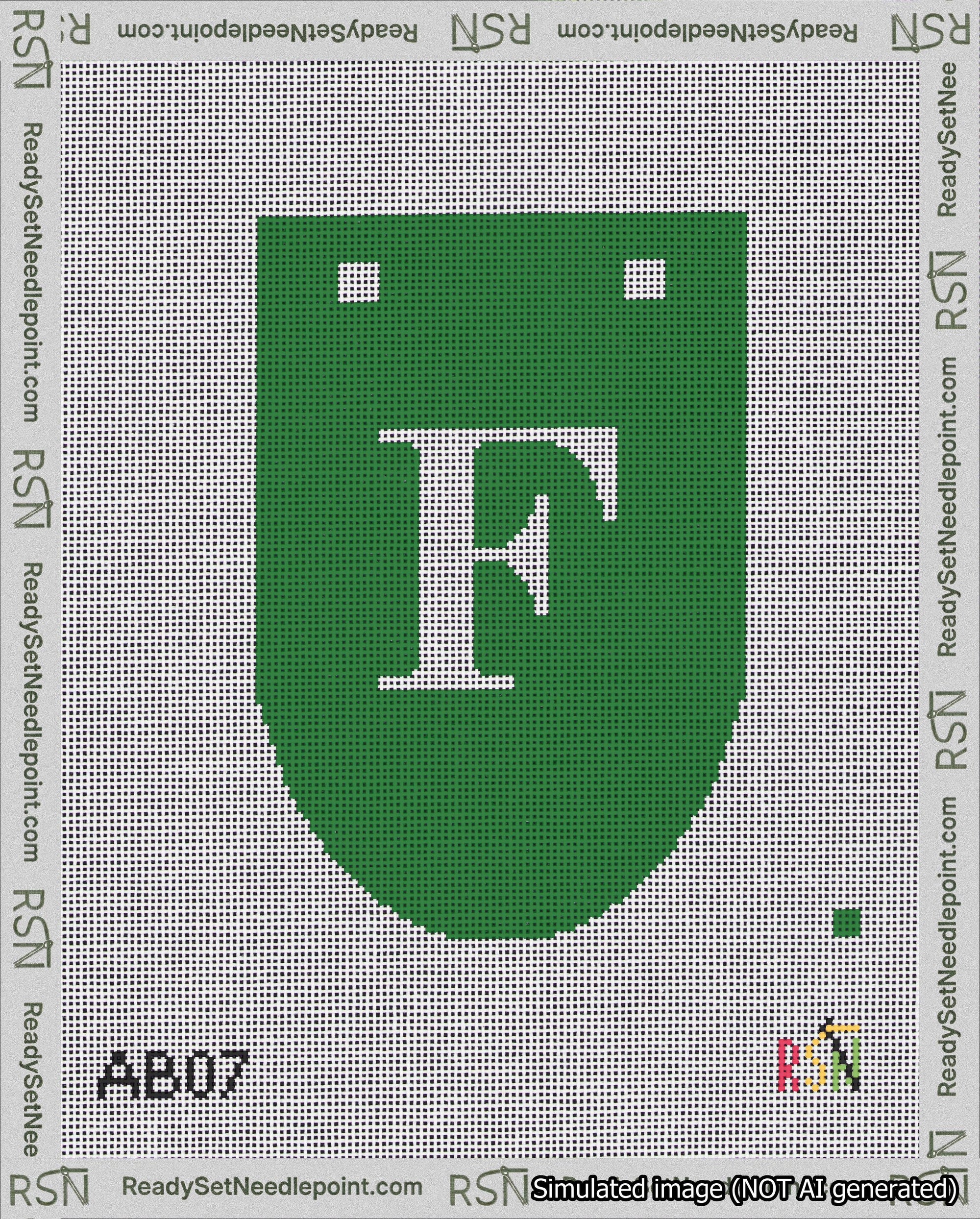 A taped needlepoint canvas with the design: Banner 18 mesh count Rounded F White on Green.
