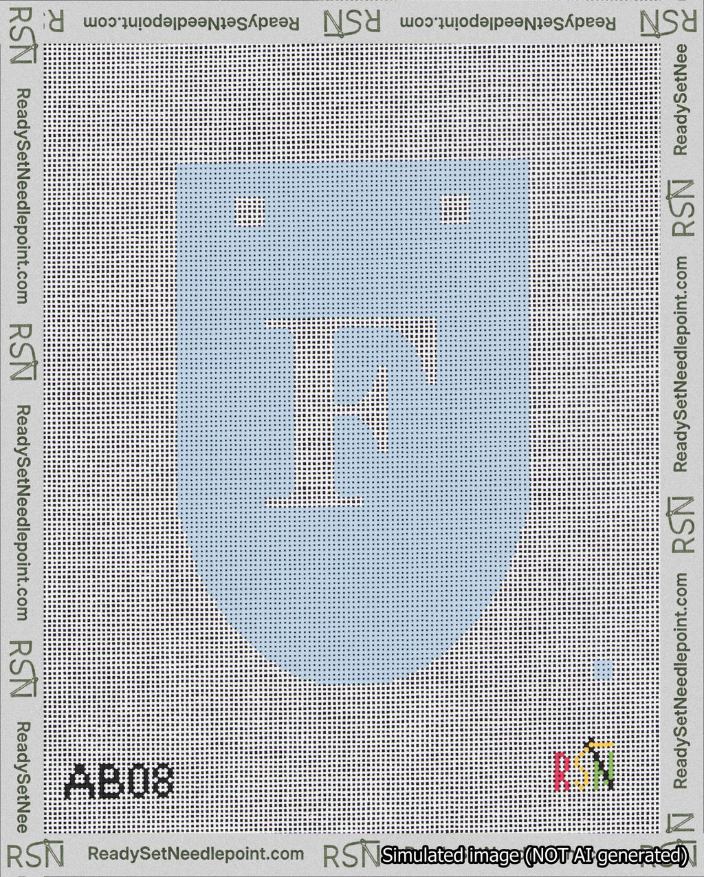 A taped needlepoint canvas with the design: Banner 18 mesh count Rounded F White on Light Blue.