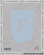 A taped needlepoint canvas with the design: Banner 18 mesh count Rounded F White on Light Blue.