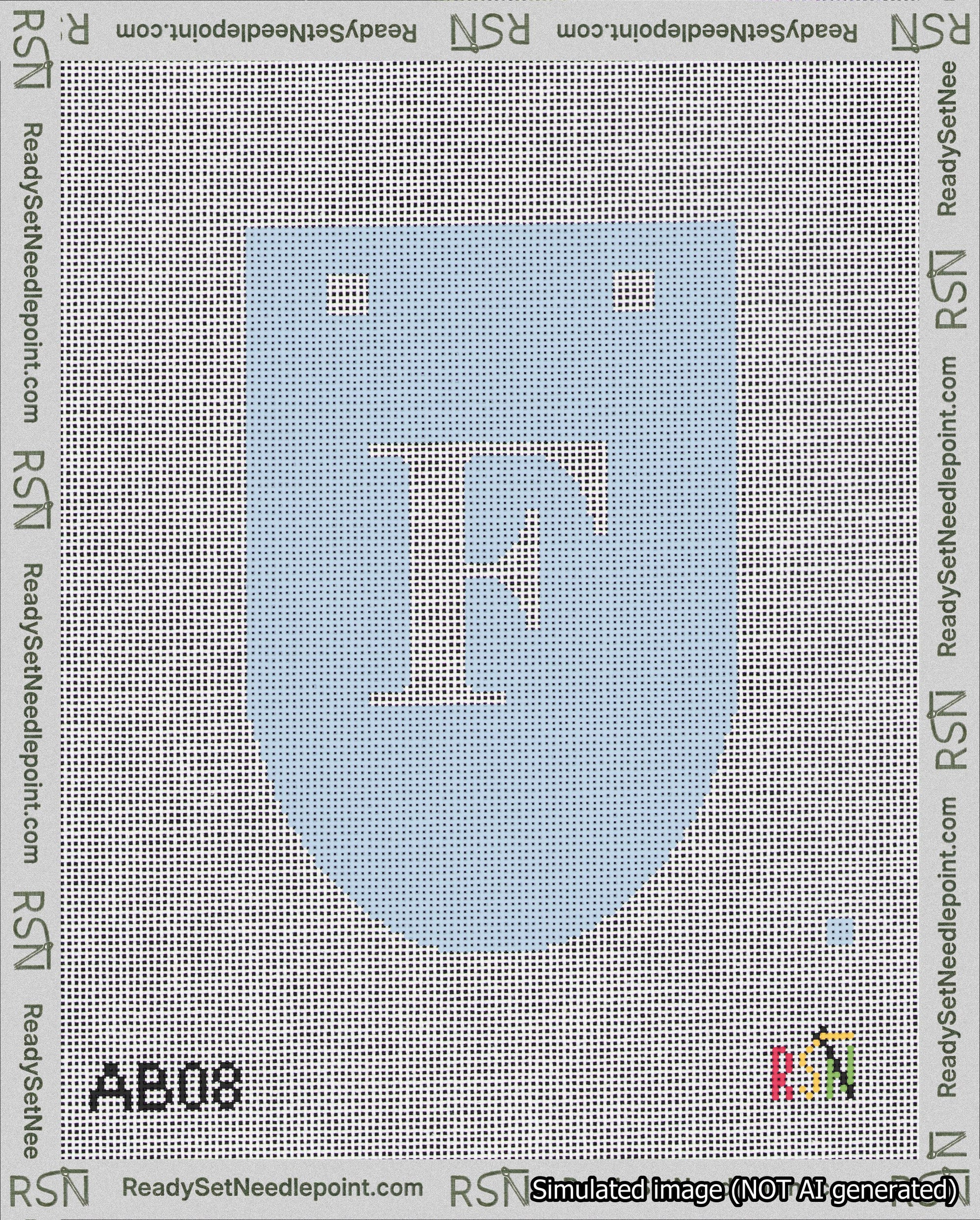 A taped needlepoint canvas with the design: Banner 18 mesh count Rounded F White on Light Blue.