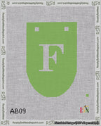 A taped needlepoint canvas with the design: Banner 18 mesh count Rounded F White on Light Green.