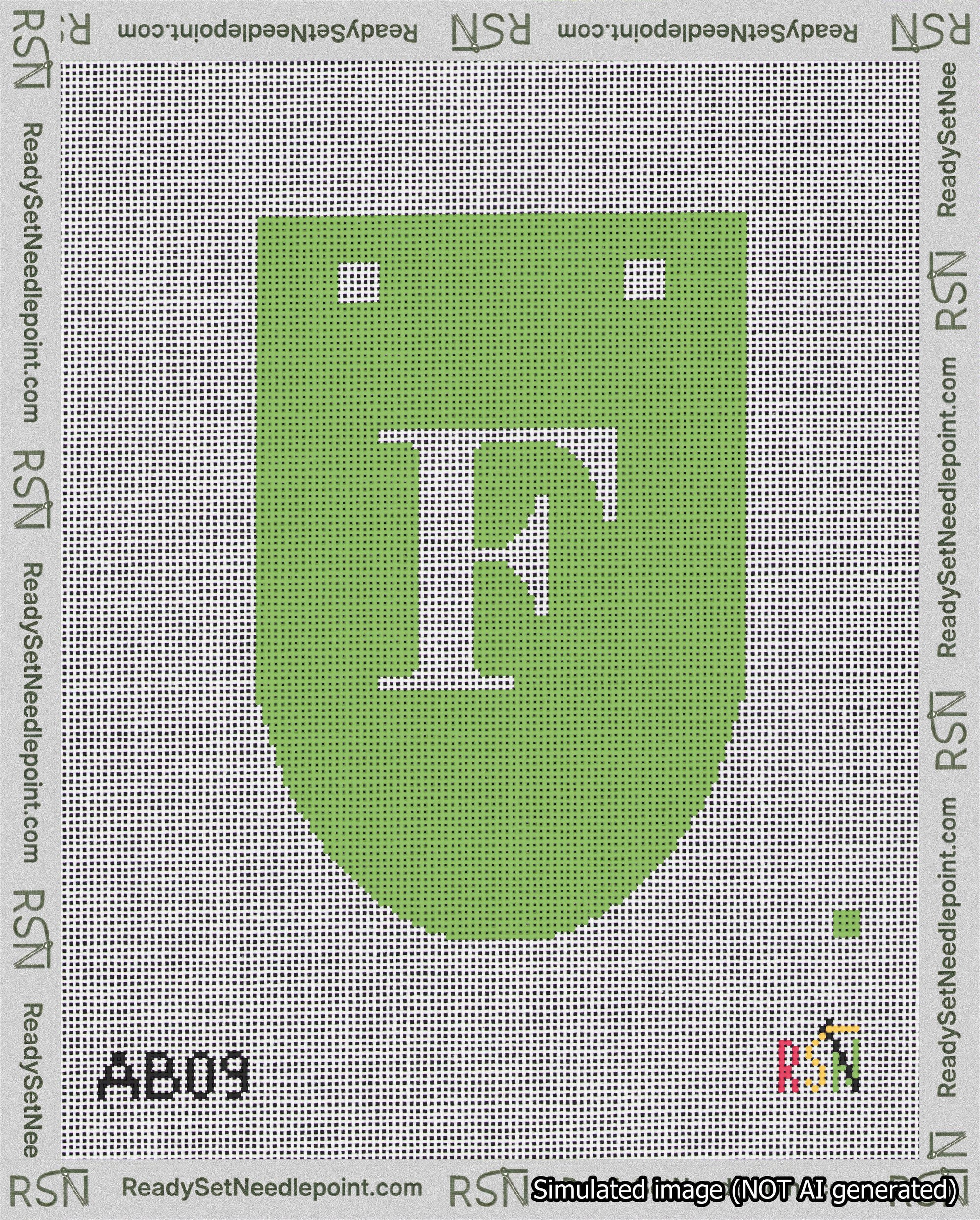 A taped needlepoint canvas with the design: Banner 18 mesh count Rounded F White on Light Green.