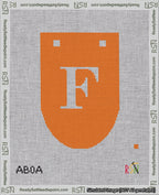 A taped needlepoint canvas with the design: Banner 18 mesh count Rounded F White on Orange.