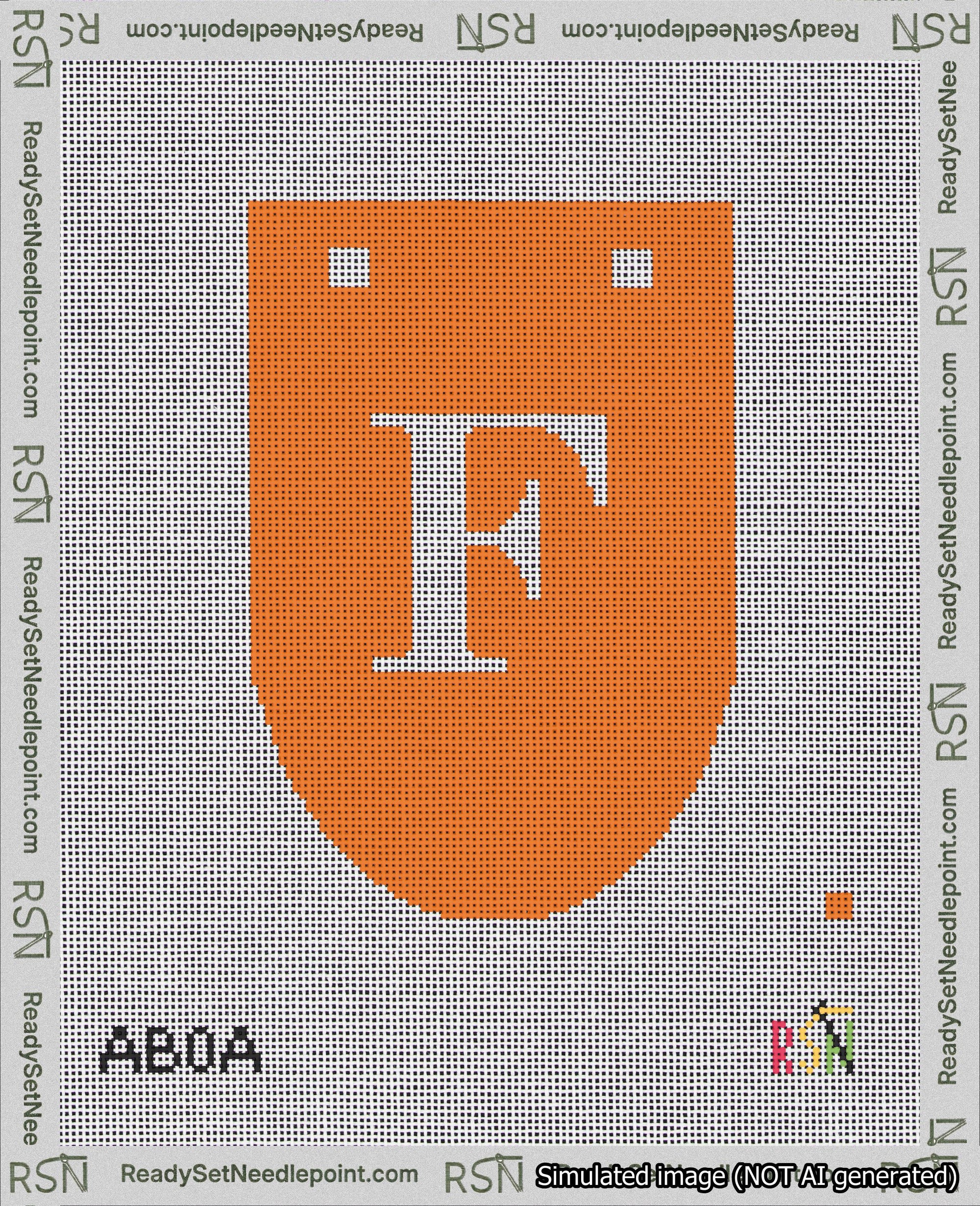 A taped needlepoint canvas with the design: Banner 18 mesh count Rounded F White on Orange.