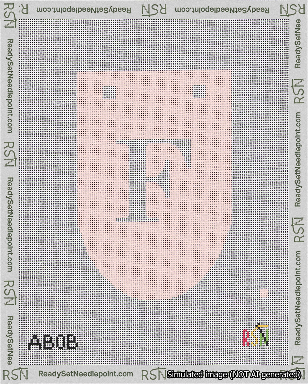 A taped needlepoint canvas with the design: Banner 18 mesh count Rounded F White on Pink.