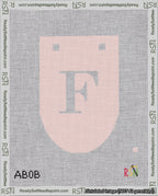 A taped needlepoint canvas with the design: Banner 18 mesh count Rounded F White on Pink.