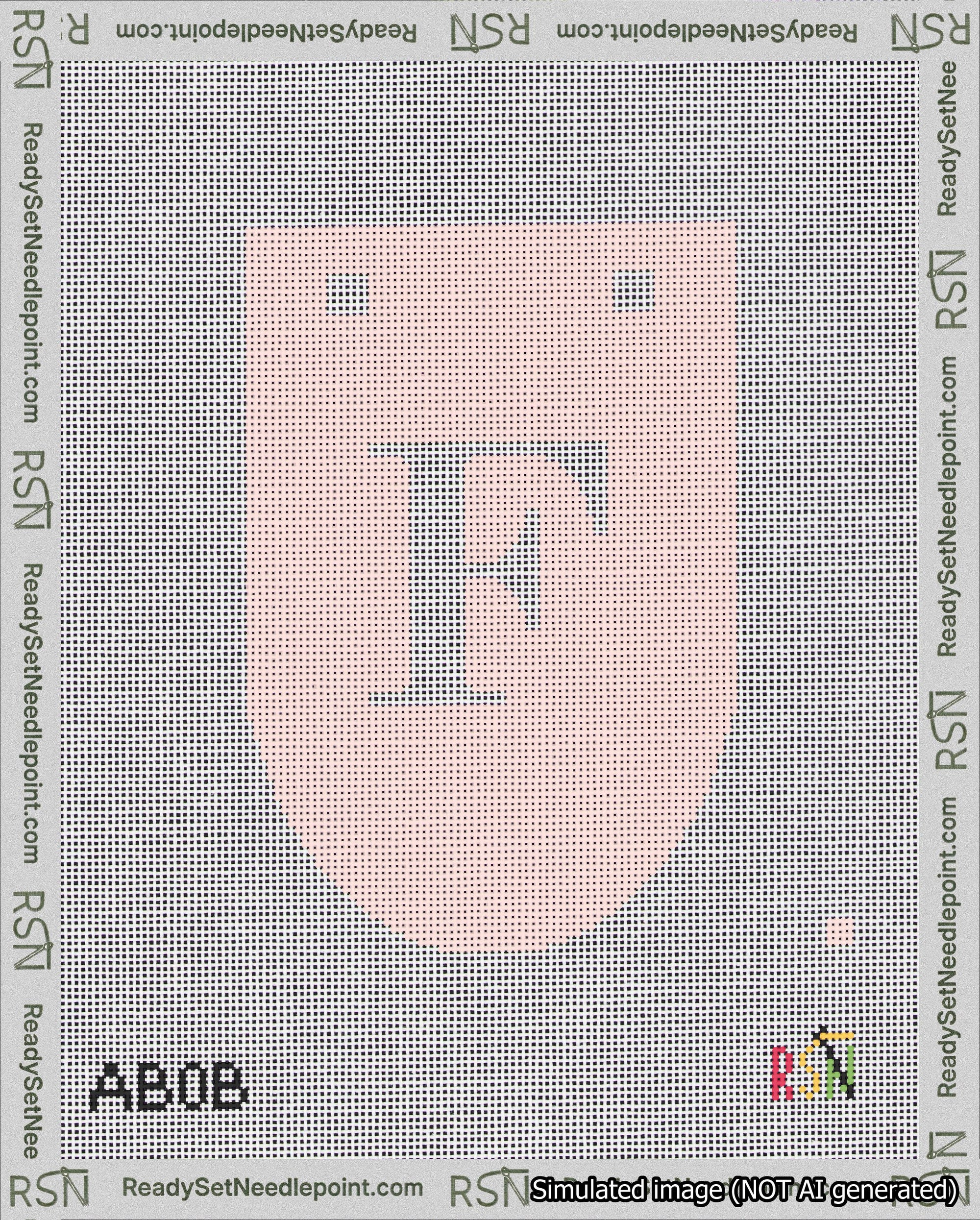 A taped needlepoint canvas with the design: Banner 18 mesh count Rounded F White on Pink.