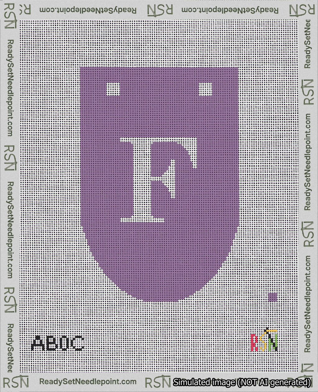 A taped needlepoint canvas with the design: Banner 18 mesh count Rounded F White on Purple.