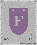 A taped needlepoint canvas with the design: Banner 18 mesh count Rounded F White on Purple.