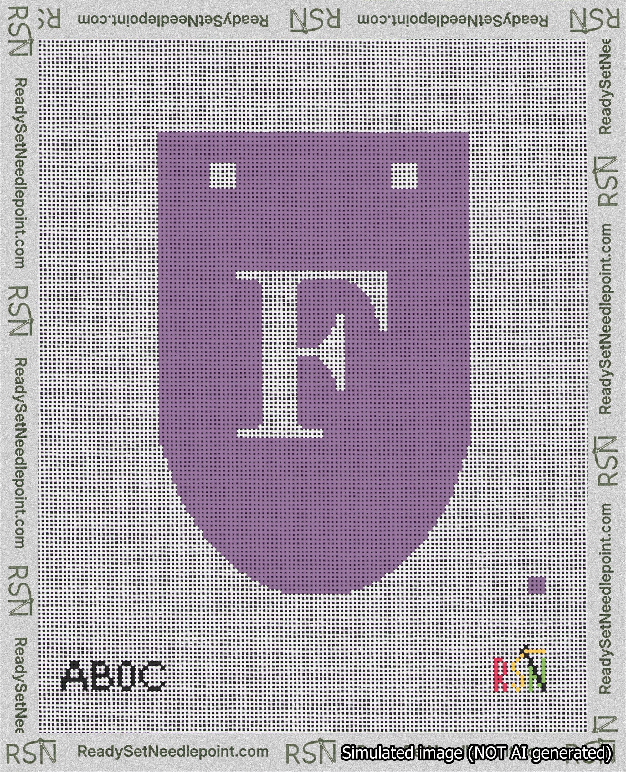 A taped needlepoint canvas with the design: Banner 18 mesh count Rounded F White on Purple.